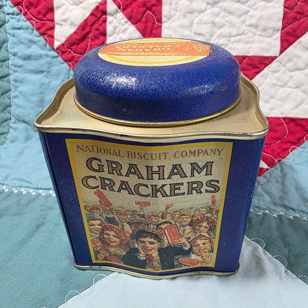 Bristolware Graham Crackers Blue Square Collectible Tin Small Blue Vintage Style